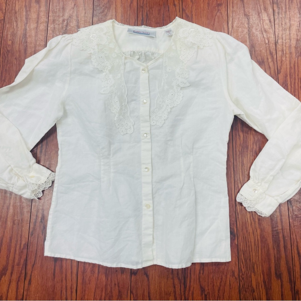 Vintage Karen Scott Women's Classy Cream Crochet Lace Peasant Blouse Size 10